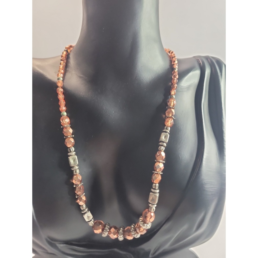 Faceted Brown Glass Bead Necklace Silver Tone Spacer Beads Artisan Southwest